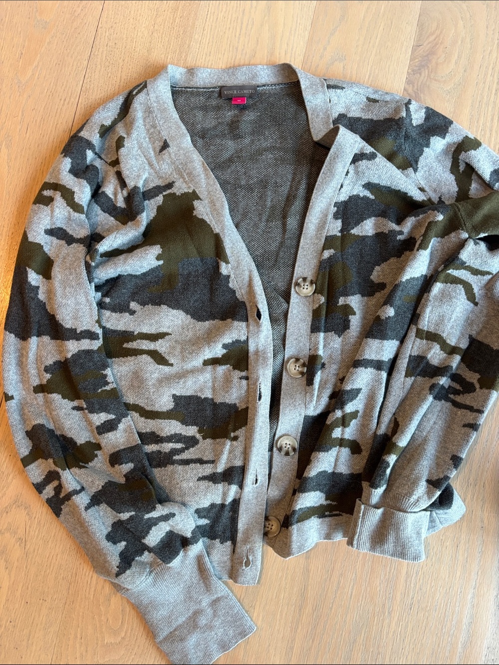 Vince Camuto Gray and Olive Green Camo Knit Cardigan